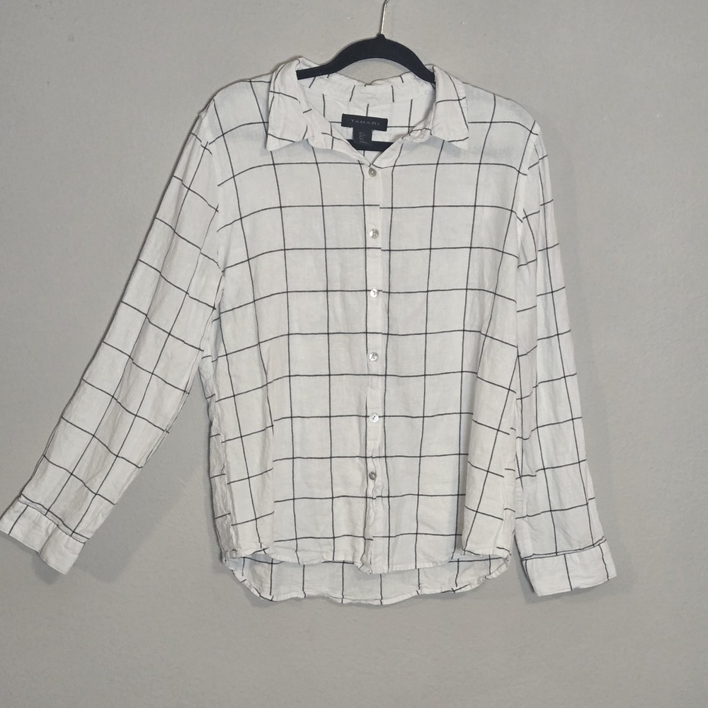 Tahari Button Up Shirt Wmns Large Linen Blend Long Sleeve Collared Window Pane